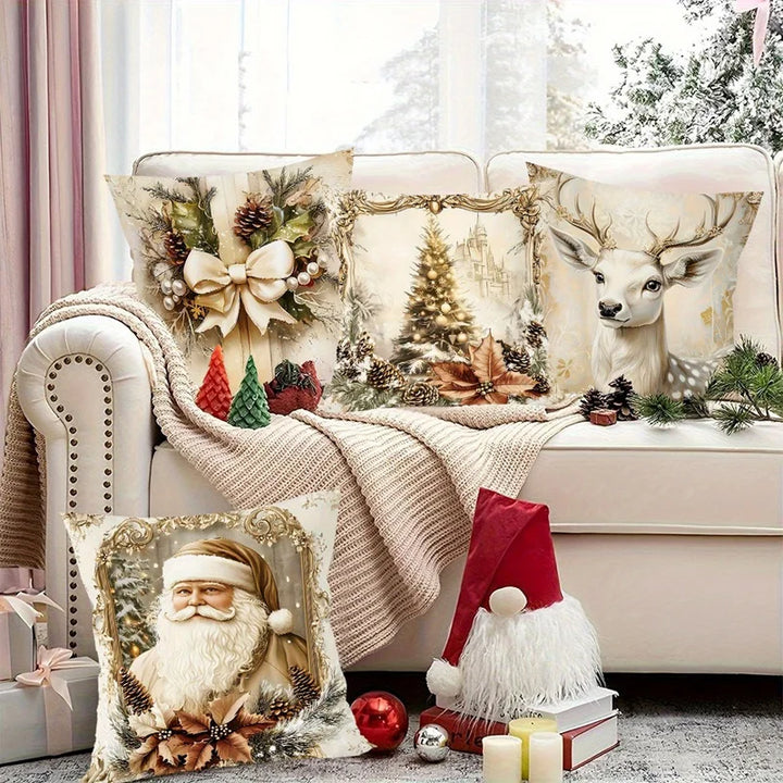 Skanto | GoldenVintage Putetrekk Sett med 4 | Juledesign med Julenisse, Reinsdyr & Sløyfe | Sofa Dekor & Stue | 45×45 cm