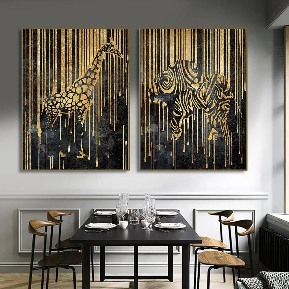 Moderne abstrakte gyldne zebra-linjer løve elefant tiger veggkunst fine art lerret utskrifter bilder for luksus leilighet stue spisestue kunst dekor | Skanto
