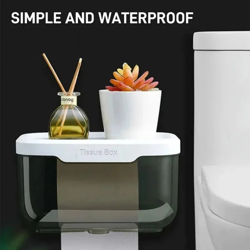Skanto | Veggmontert Toalettpapirholder | Med Hylle & Vanntett Boks | Moderne & Plassbesparende