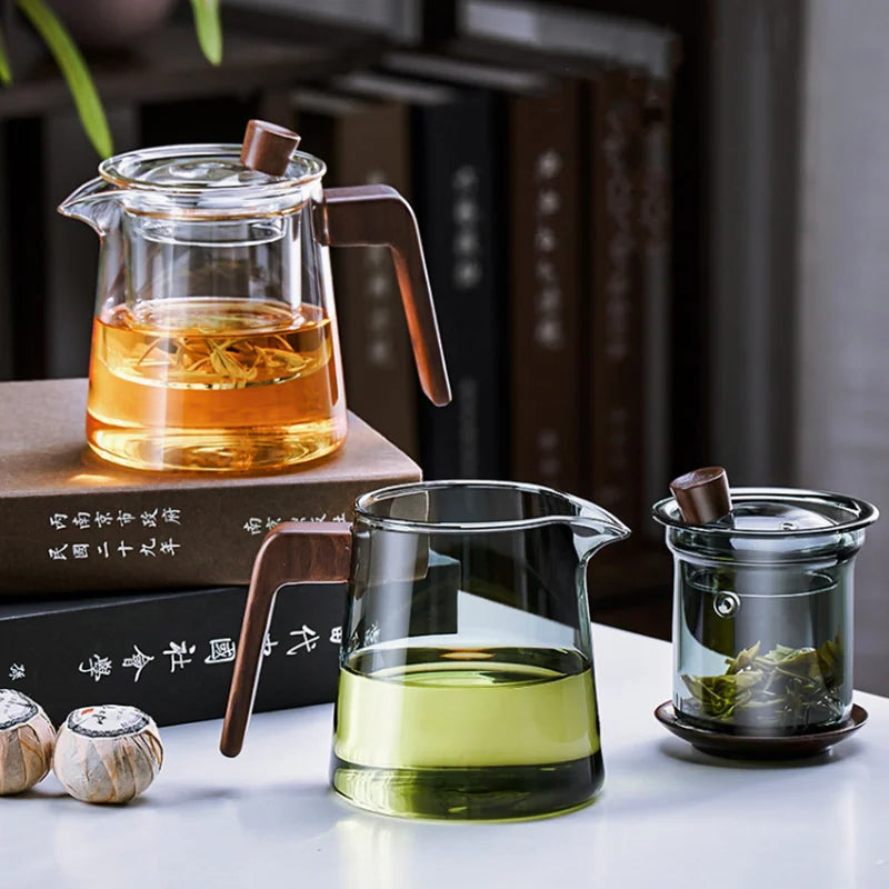 Skanto | GIANXI Retro Glass Teapot Wood Handle Kinesisk Te Seremoni Gjennomsiktig Teutstyr Sett Kopp Filter Høy Bor Silikon Kanne  530ML