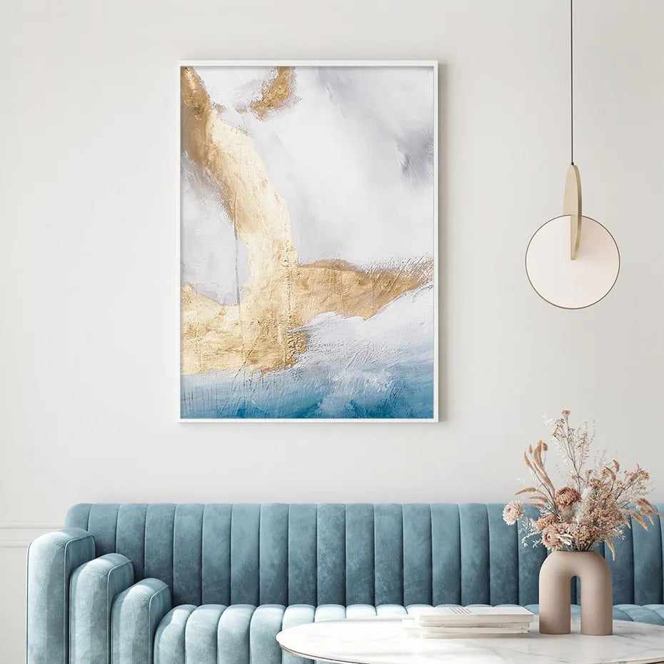 Serene Seascape Veggkunst Abstrakte Havbølger Med Gyldne Accenter Fine Art Lerretstrykk Bilder For Stue Soverom Nordisk Hjem Dekor | Skanto