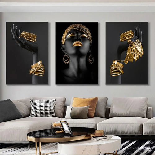 Sett med 3stk svart gul kvinneportrett veggkunst fine art lerrettrykk bilder for luksuriøs stue spisestue hjemmekontor dekor | Skanto