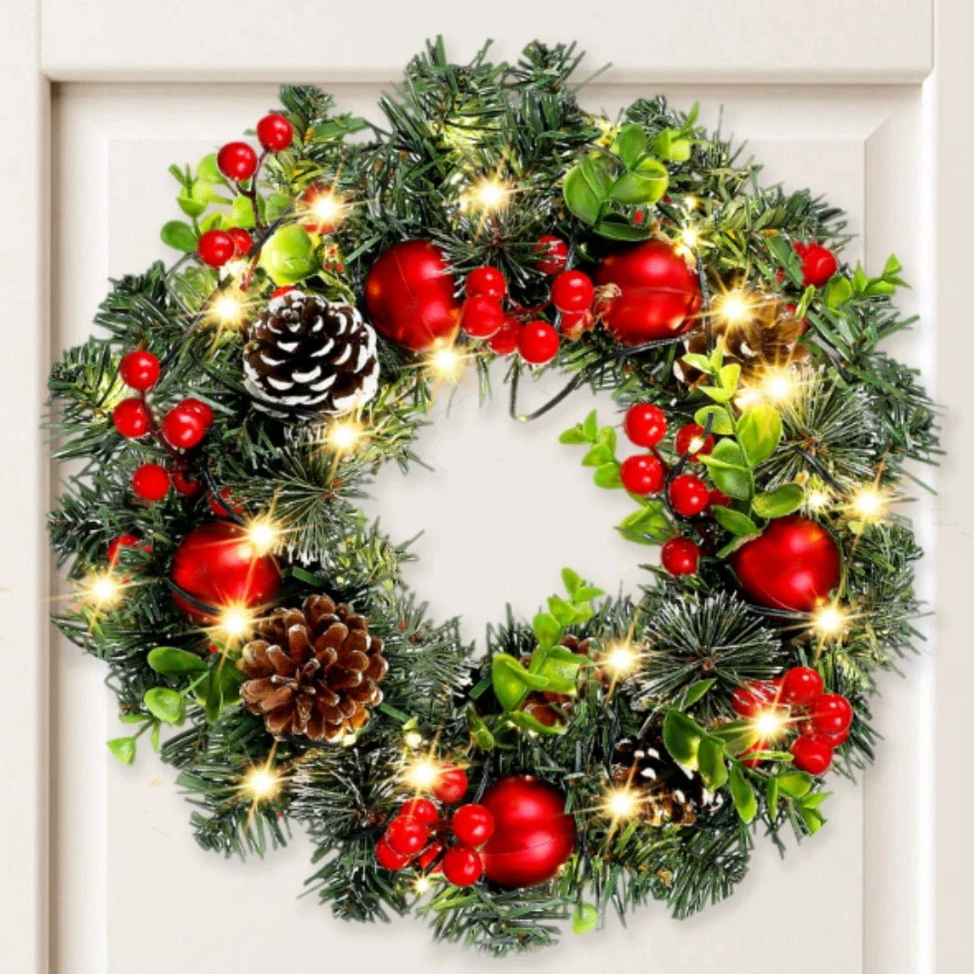 Skanto | Lunoria Julekrans | LED-belysning | Elegant røde bær & bånd