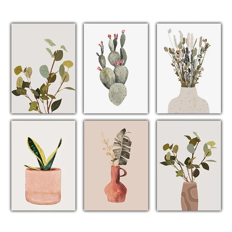 Minimalist akvarell kaktus potteplante grønne blader veggkunst fine kunst lerret utskrifter bilder for spisestue stue kunstdekor | Skanto