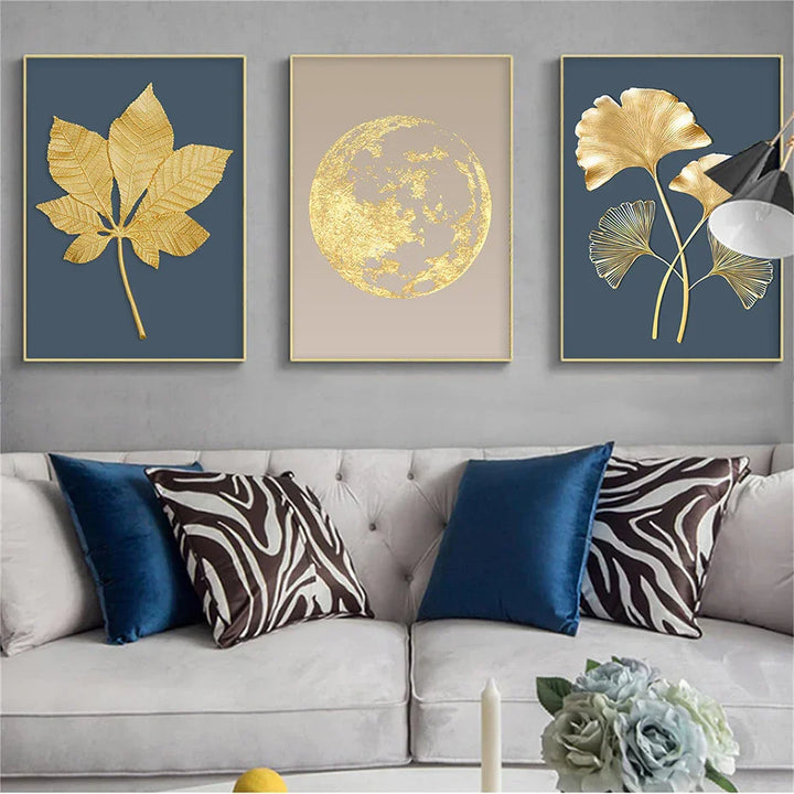 Blå Minimalistisk Gylden Abstrakt Blomster Veggkunst Fine Art Lerret Utskrifter Bilder For Luksus Stue Spisestue Hjemmekontor Kunst Dekor | Skanto