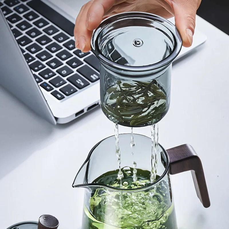 Skanto | GIANXI Retro Glass Teapot Wood Handle Kinesisk Te Seremoni Gjennomsiktig Teutstyr Sett Kopp Filter Høy Bor Silikon Kanne  530ML