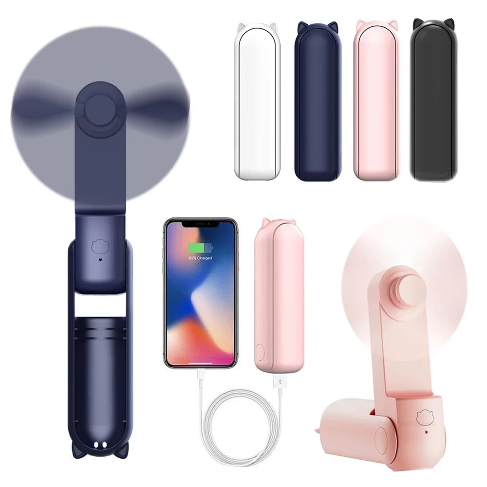 Bærbar mini håndholdt USB-vifte – Oppladbar sammenleggbar lommevifte med batteri, kjølevifte og strømbank-funksjon | Skanto