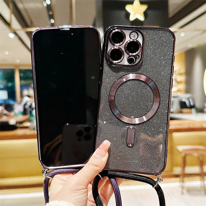 Luksus MagSafe Glitter Crossbody Stroppetui For iPhone 13 Elektroplaterte Trådløse Lade TPU Bakre Lanyard Deksel
