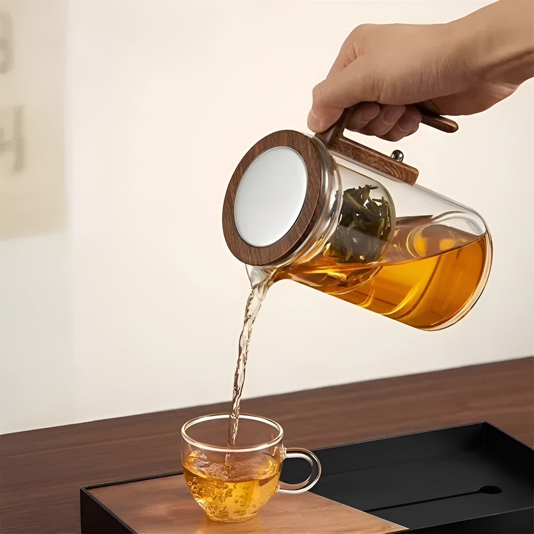 Glas tekanne med trebhandle – Én-klikks filter | Perfect for løs te & Puer | Skanto