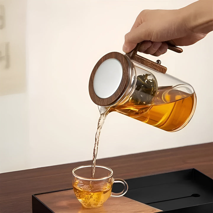 Glas tekanne med trebhandle – Én-klikks filter | Perfect for løs te & Puer | Skanto