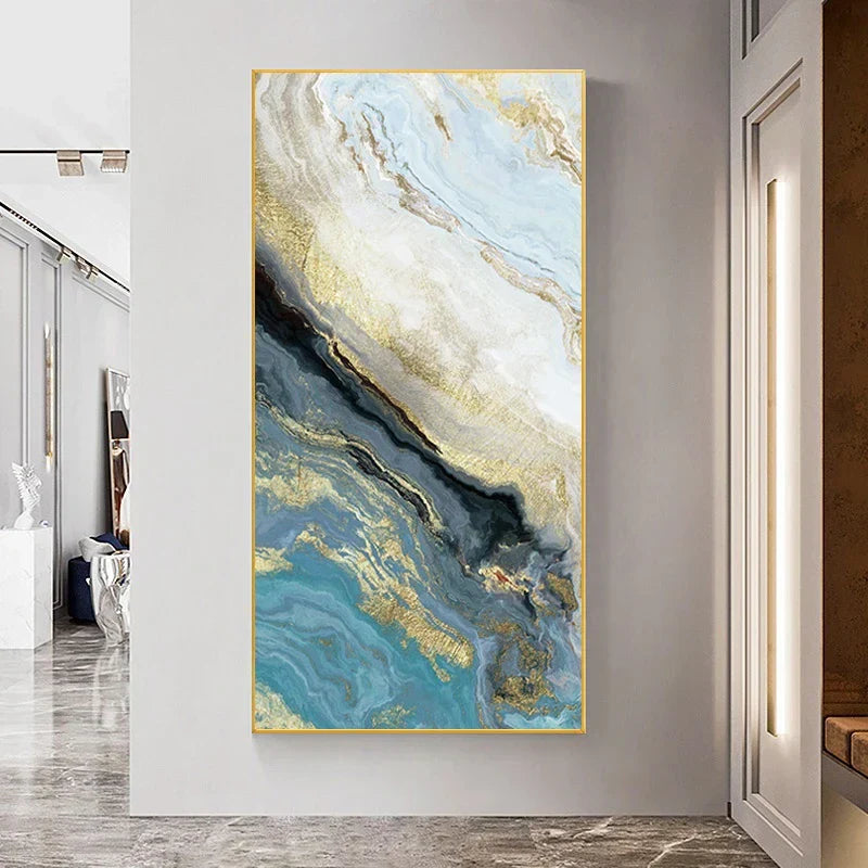 Blå Gylden Flytende Marmor Essens Veggkunst Fine Art Lerretsutskrifter Bilder For Moderne Leilighet Luksus Stue Kunst Dekor | Skanto