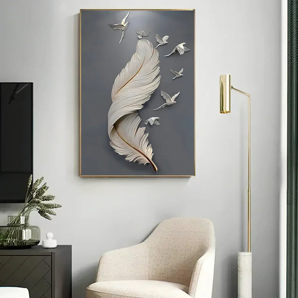 Seven Birds Feather Wall Art Fine Art Canvas Prints 3d Visualisering Minimalistisk Abstrakt Bilder For Stue Entré, Foyer Kunst Dekor | Skanto