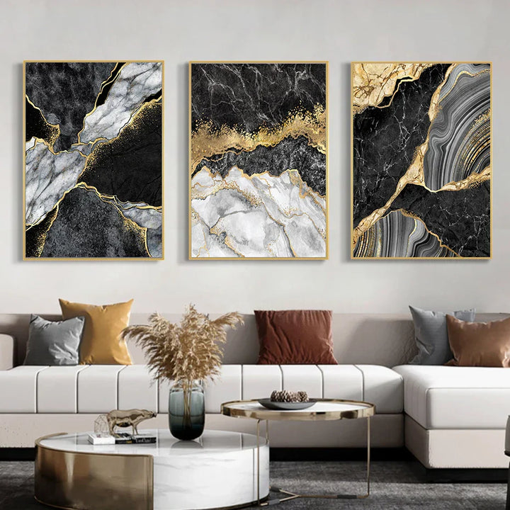 Moderne Abstrakt Svart Grå Gull Geode Marmor Trykk Veggkunst Fine Kunst Lerret Trykk Bilder For Luksus Leilighet Stue Hjem Kontor Dekor | Skanto