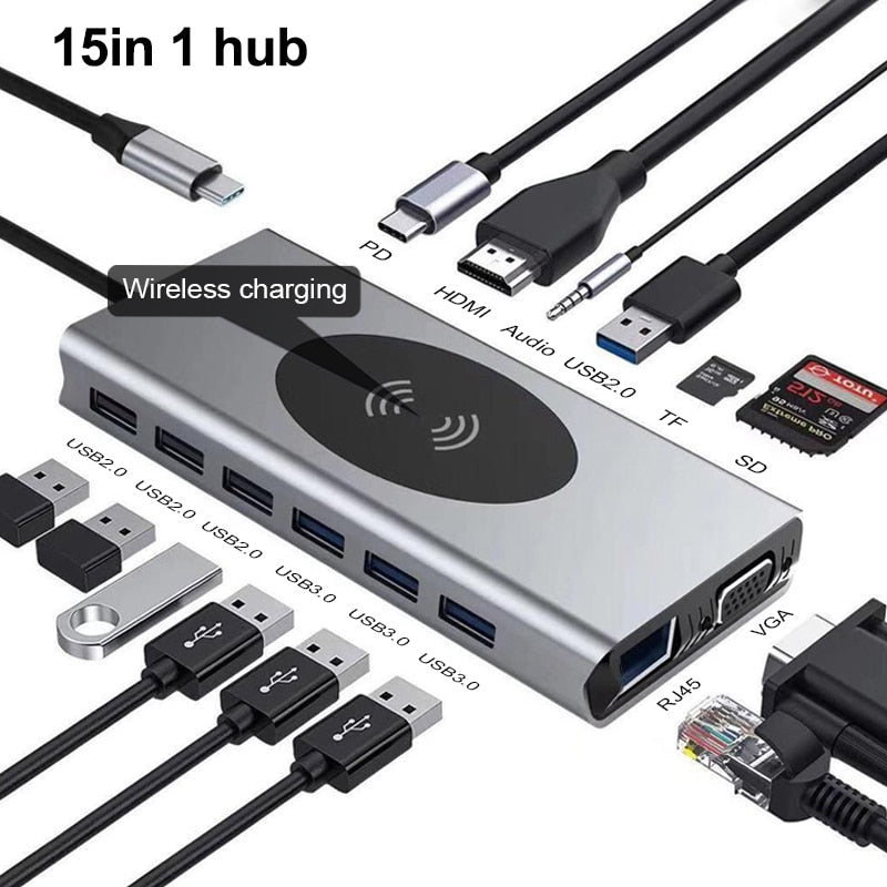 Skanto | 15i1 USB-C Trådløs Laderstasjon Docking Stasjon