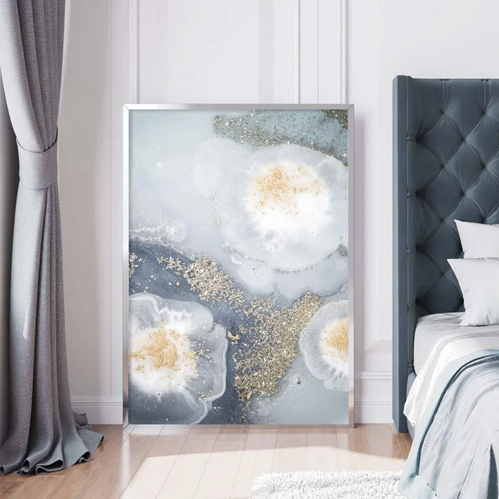 Blå Hvit Gylden Abstrakt Floral Veggkunst Fine Art Lerretsutskrifter Plakatbilde For Moderne Stue Soverom Nordisk Hjem Dekor | Skanto