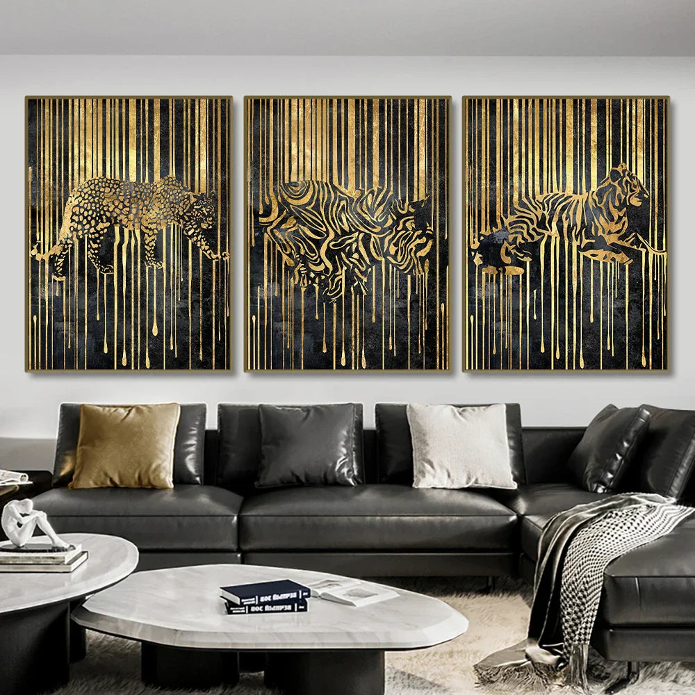 Moderne abstrakte gyldne zebra-linjer løve elefant tiger veggkunst fine art lerret utskrifter bilder for luksus leilighet stue spisestue kunst dekor | Skanto