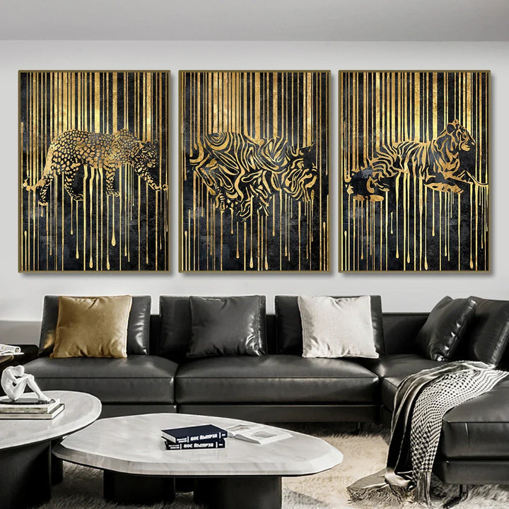 Moderne abstrakte gyldne zebra-linjer løve elefant tiger veggkunst fine art lerret utskrifter bilder for luksus leilighet stue spisestue kunst dekor | Skanto