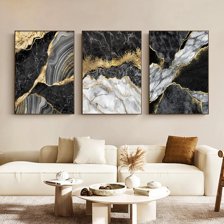 Moderne Abstrakt Svart Grå Gull Geode Marmor Trykk Veggkunst Fine Kunst Lerret Trykk Bilder For Luksus Leilighet Stue Hjem Kontor Dekor | Skanto