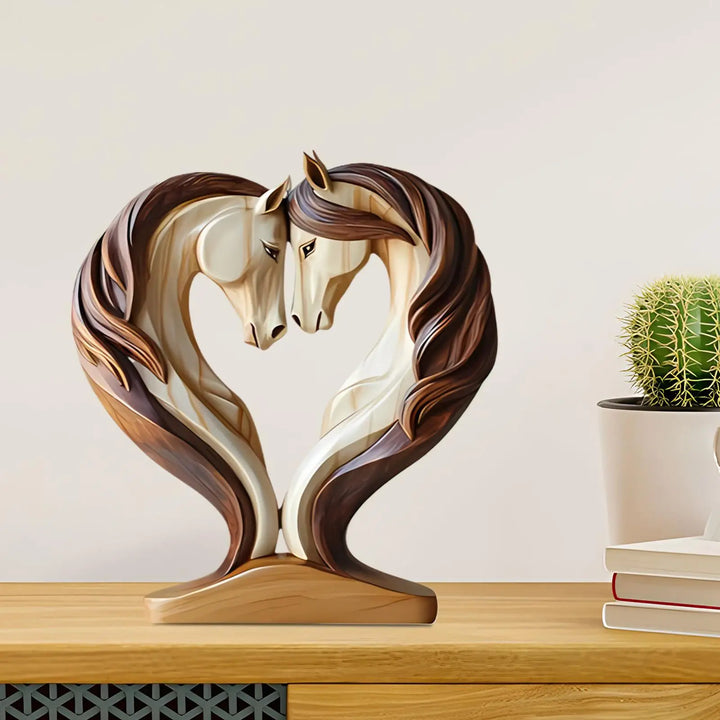 Skanto | Equora Hest Skulptur | Hest Skulptur Tre | 2D Design i Omfamning Pose | Dekorasjon for Stue, Kontor og Barnerom