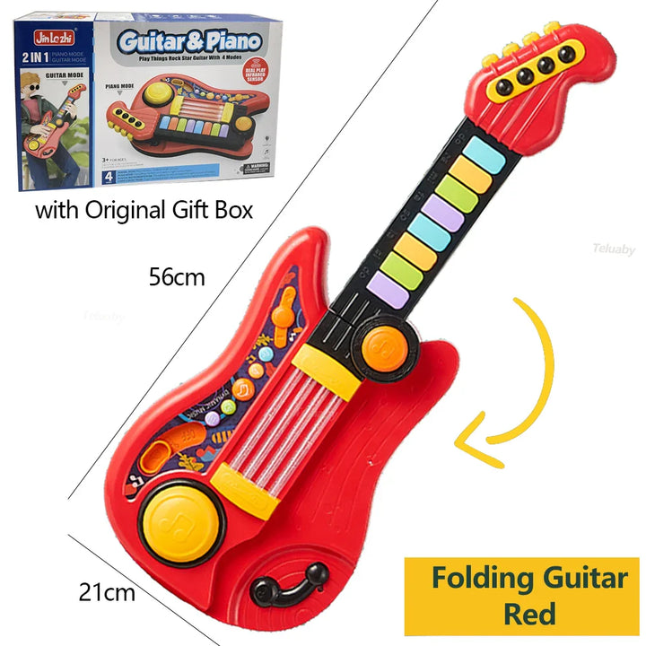 Multifunksjonell 3-i-1 Musikkelek for barn - Foldbar gitar, piano og trommesett, Perfekt bursdagsgave til gutter og jenter fra 3 år+