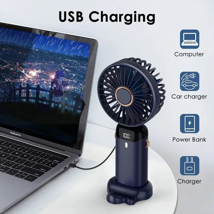 5000mAh Håndholdt Mini Vifte – Trådløs USB Oppladbar Bærbar Vifte med Digital Skjerm, Telefonholder, 5-Hastighets Falt Nakke Hengende Vifte | Skanto