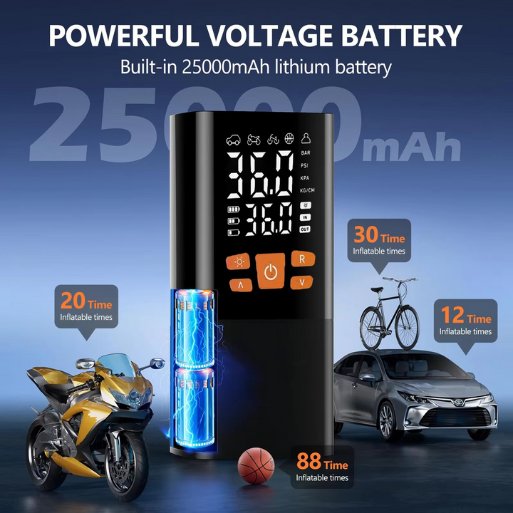Tragbarer Reifenfüller med Luftkompressor, 180 PSI, Wiederaufladbare Pumpe med 25000-mAh-Akku