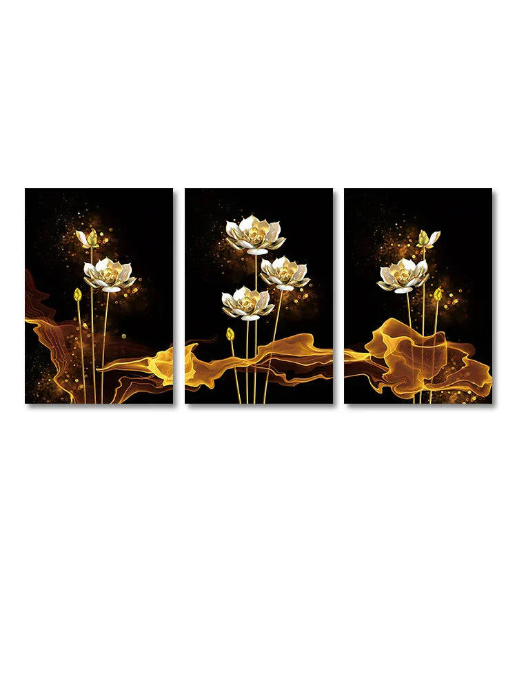 Sett med 3PCs Hvit Gylden Lotus Eksotisk Blomster Veggkunst Fin Kunst Lerret Utskrifter Eksotiske Botaniske Bilder for Luksuriøs Stue Spisestue Soverom Kunst Dekor | Skanto