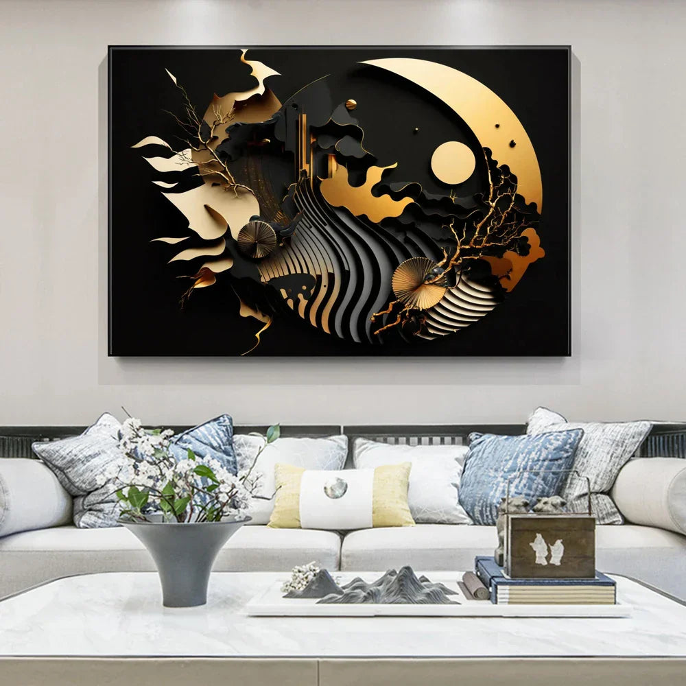 Moderne Flytende Geometri Svart Gull Abstrakt Veggkunst Fine Art Lerretsutskrifter Bilder For Stue Spisestue Hjemmekontor Dekor | Skanto