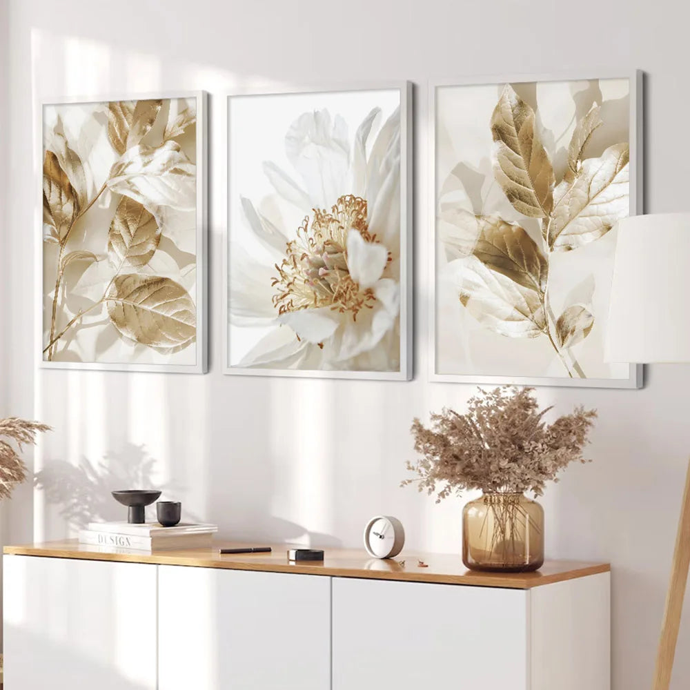 Moderne hvite & gyldne blomster veggkunst fine kunst lerretsutskrifter bilder for stue, spisestue, soverom kunstdekor (sett med 3 stykker) | Skanto