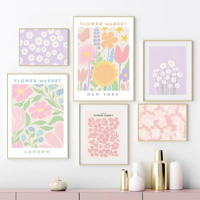 Rosa Lavendel Daisy Blomst Marked Plakater Veggkunst Fine Art Lerret Utskrifter Pastell Blomster Bilder For Stue Soverom Kunst Dekor | Skanto