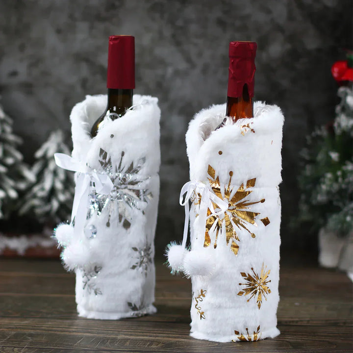 Juleflaskehette med pelskrage – festlig hette for vinflasker, nisse dekorasjon til jul, perfekt som gaveinnpakning | Skanto