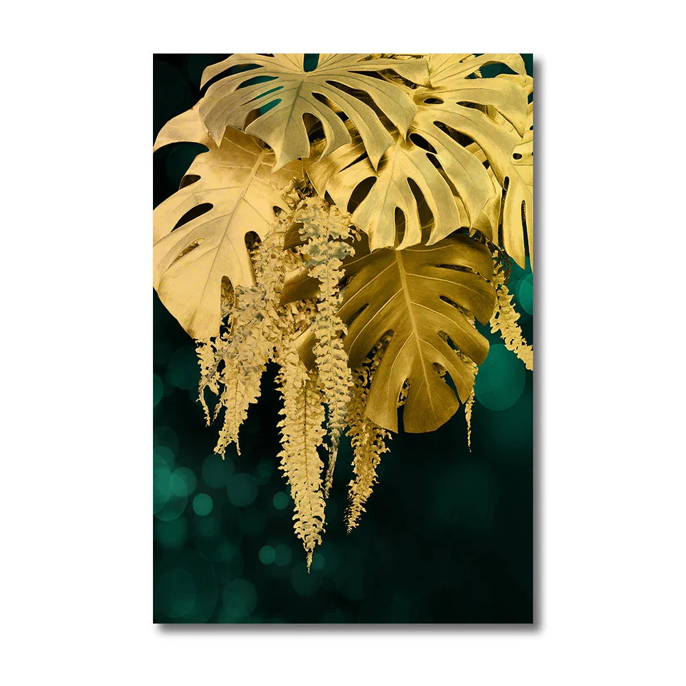 Sett med 3 deler Gyldent blad veggkunst Minimalistisk nordisk tropisk planter Fin kunst lerret trykk bilder for stue spisestue kunst dekor | Skanto