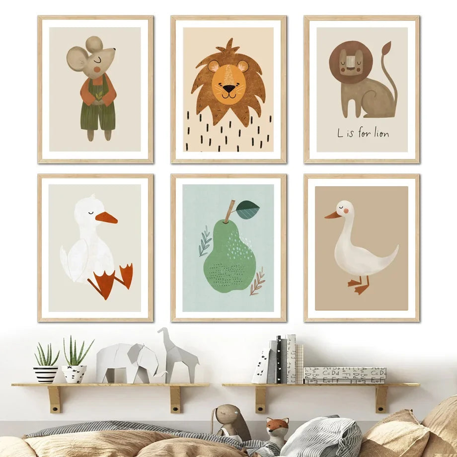 Søte Baby Dyr Barnerom Veggkunst Illustrasjoner Fine Art Lerretsutskrifter Gås Mus Løve Isbjørn Plakatbilder For Babys Rom Veggdekor | Skanto