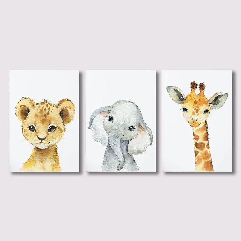 Sett med 3PCS Baby Elefant Giraff Løve Barnerom Veggkunst Fin Kunst Lerretstrykk Ville Dyr Safari Plakater Bilder For Barnerom Dekor | Skanto