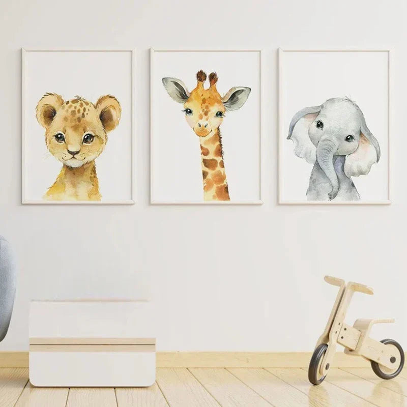 Sett med 3PCS Baby Elefant Giraff Løve Barnerom Veggkunst Fin Kunst Lerretstrykk Ville Dyr Safari Plakater Bilder For Barnerom Dekor | Skanto