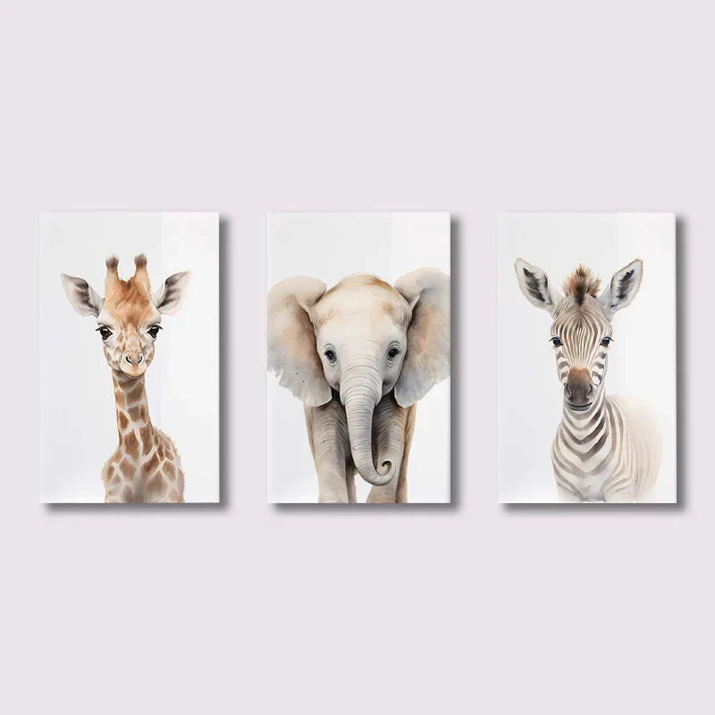 Sett med 3PCS Baby Elefant Giraff Løve Barnerom Veggkunst Fin Kunst Lerretstrykk Ville Dyr Safari Plakater Bilder For Barnerom Dekor | Skanto