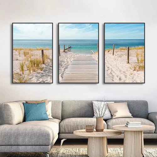 Sett med 3PCS Blått hav Sandete strand veggkunst Fine Art lerretsutskrift Inspirasjon Seascapes bilder av ro for stuen | Skanto