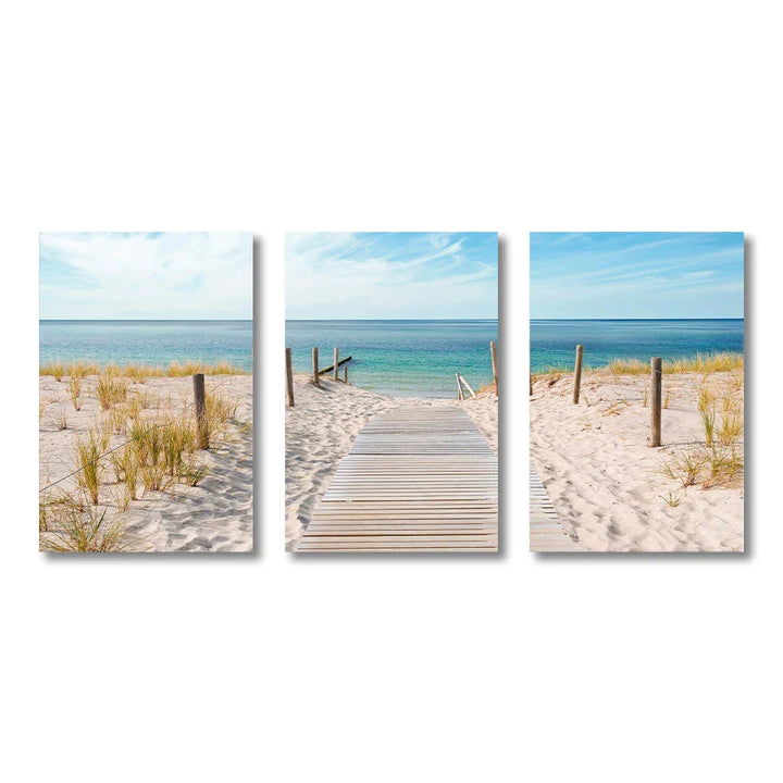 Sett med 3PCS Blått hav Sandete strand veggkunst Fine Art lerretsutskrift Inspirasjon Seascapes bilder av ro for stuen | Skanto