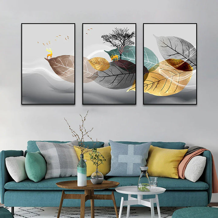 Sett av 3PCS Gylden Høst Hjort Vegkunst Fine Kunst Lærret Trykk Nordic Abstrakt Landskap Bilder For Stue Dekor | Skanto