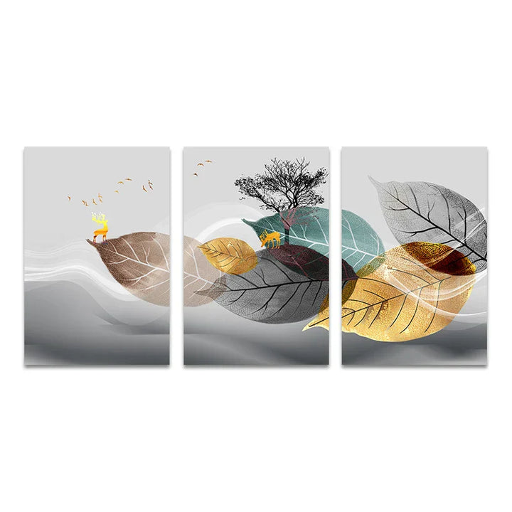 Sett av 3PCS Gylden Høst Hjort Vegkunst Fine Kunst Lærret Trykk Nordic Abstrakt Landskap Bilder For Stue Dekor | Skanto