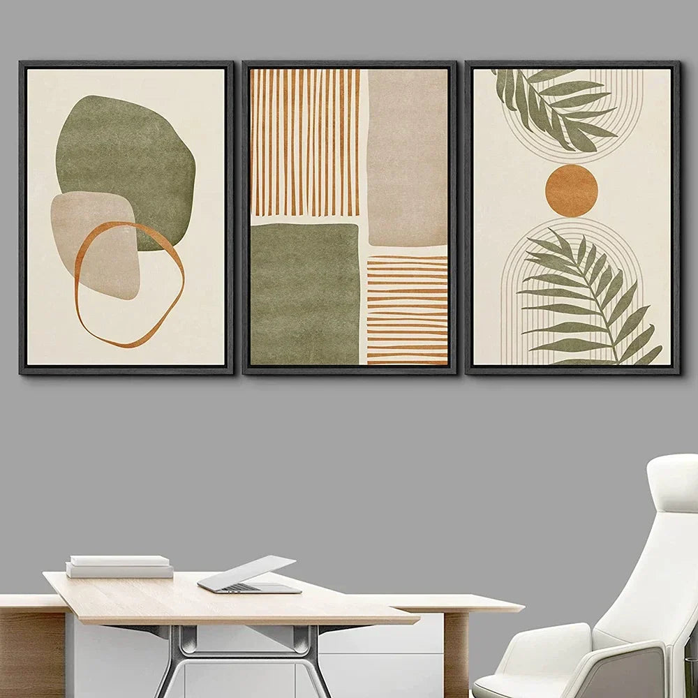 Set av 3PCS Nøytrale toner Tropisk Botanisk Abstrakt Veggkunst Fin Kunst Lerretstrykk Bilder For Stue Spisestue Skandinavisk Boliginnredning | Skanto