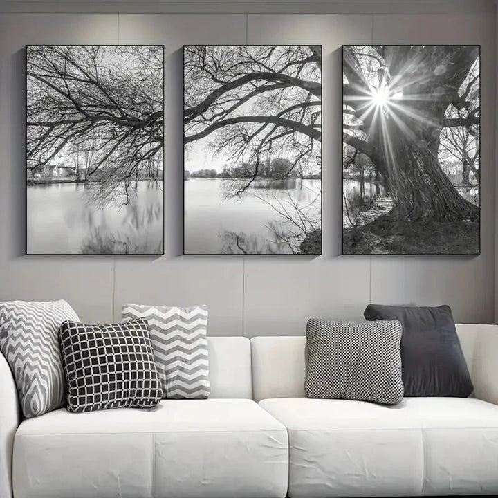 Set av 3 stk Store Tre Sjø Solnedgang Veggkunst Fine Art Lerretstrykk Svart-hvitt Landskapsbilder For Stue Soverom Spisestue Kunst Dekor | Skanto