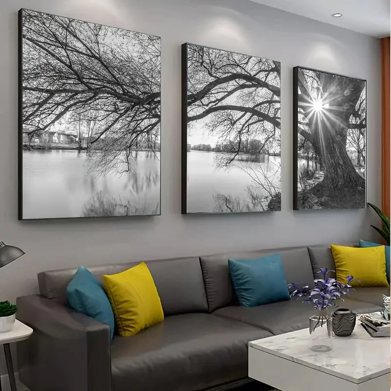 Set av 3 stk Store Tre Sjø Solnedgang Veggkunst Fine Art Lerretstrykk Svart-hvitt Landskapsbilder For Stue Soverom Spisestue Kunst Dekor | Skanto