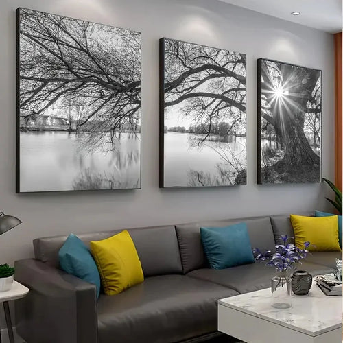 Set av 3 stk Store Tre Sjø Solnedgang Veggkunst Fine Art Lerretstrykk Svart-hvitt Landskapsbilder For Stue Soverom Spisestue Kunst Dekor | Skanto