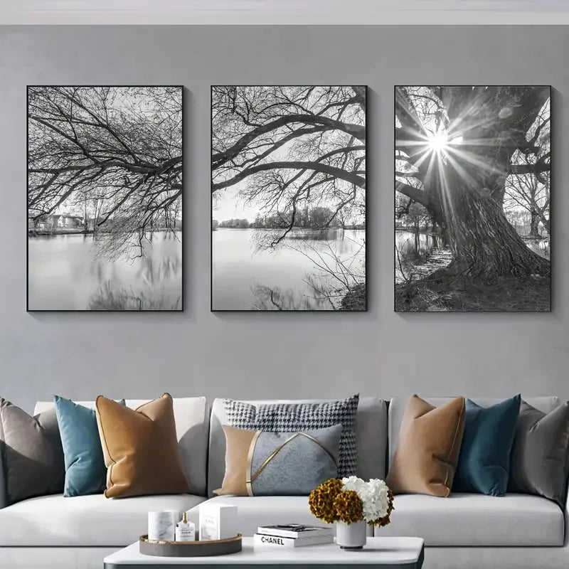 Set av 3 stk Store Tre Sjø Solnedgang Veggkunst Fine Art Lerretstrykk Svart-hvitt Landskapsbilder For Stue Soverom Spisestue Kunst Dekor | Skanto