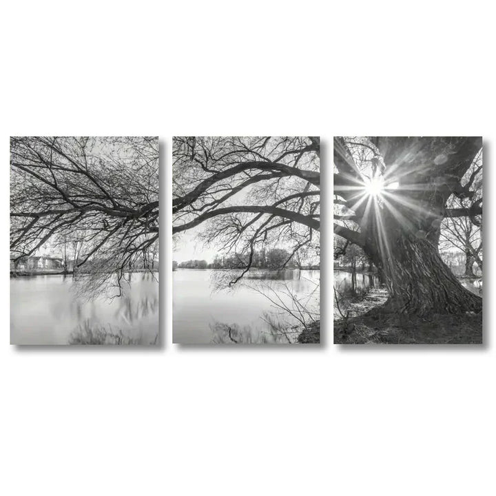 Set av 3 stk Store Tre Sjø Solnedgang Veggkunst Fine Art Lerretstrykk Svart-hvitt Landskapsbilder For Stue Soverom Spisestue Kunst Dekor | Skanto