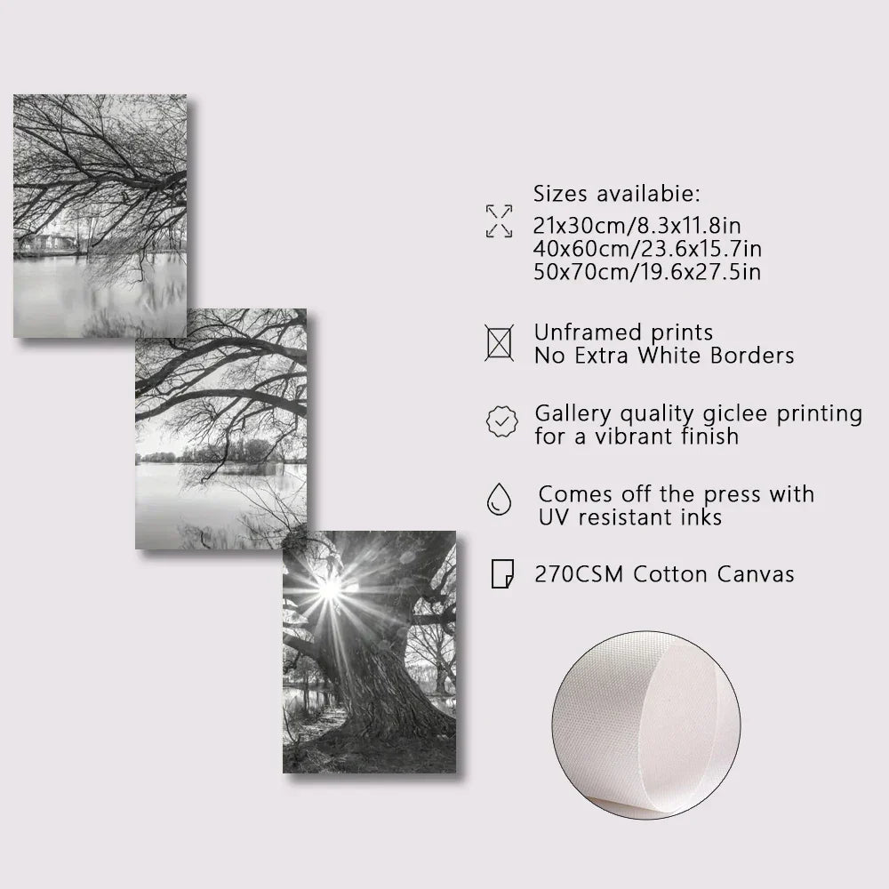 Set av 3 stk Store Tre Sjø Solnedgang Veggkunst Fine Art Lerretstrykk Svart-hvitt Landskapsbilder For Stue Soverom Spisestue Kunst Dekor | Skanto
