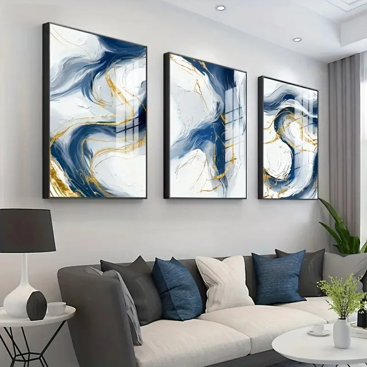 Sett av 3Pcs Blå Gyldne Flytende Virvler Abstrakt Veggkunst Fine Art Lærredsutskrifter Lys Minimalistiske Bilder For moderne stue (Urammet) | Skanto