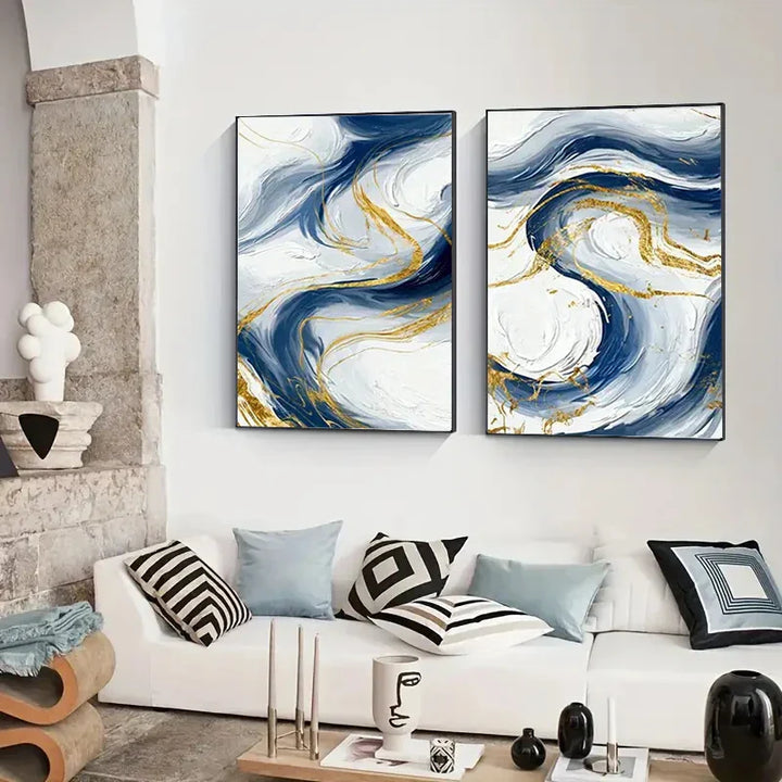 Sett av 3Pcs Blå Gyldne Flytende Virvler Abstrakt Veggkunst Fine Art Lærredsutskrifter Lys Minimalistiske Bilder For moderne stue (Urammet) | Skanto