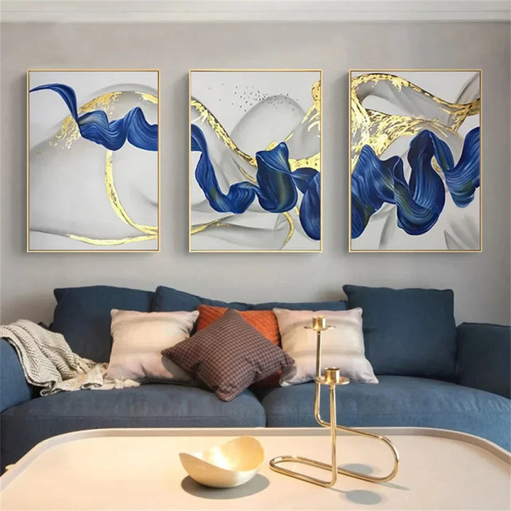 Sett med 3 stykker Blå Gull Bølge Veggkunst Fint Kunst Lerretsutskrifter Bilder For Moderne Stue Spisestue Hotellrom Dekorasjon | Skanto